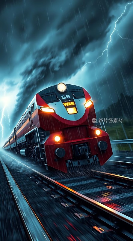 红色火车在暴风雨中疾驰