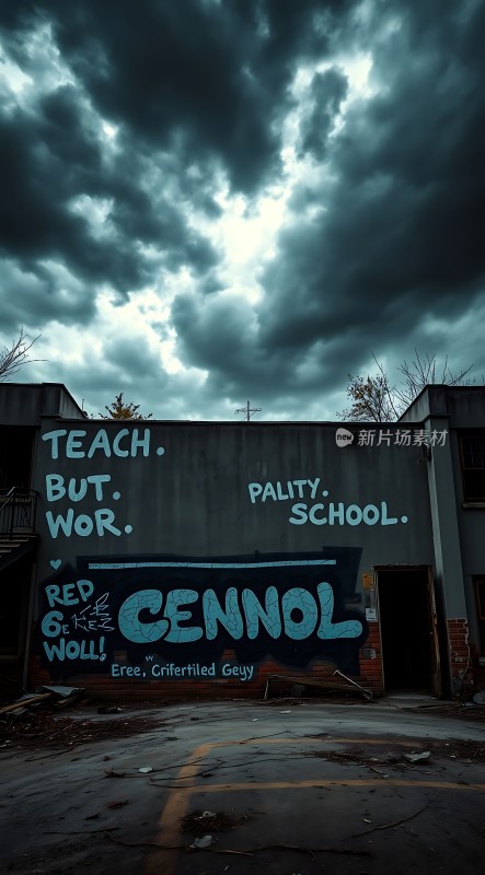 天空下的废弃建筑上的涂鸦文字