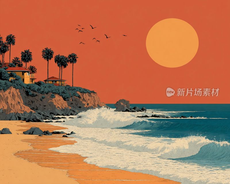 海边日落风景插画