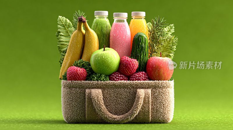 装满果蔬和饮品的编织袋