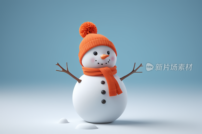 雪人戴着橙色帽子和围巾站在雪地里