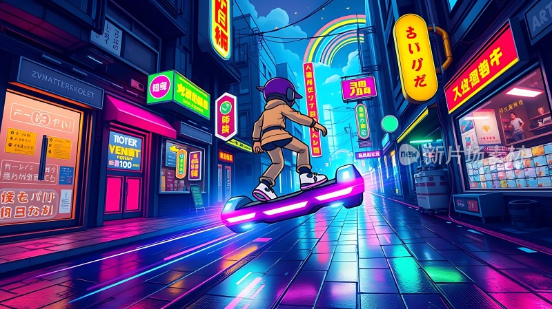霓虹灯下的滑板少年