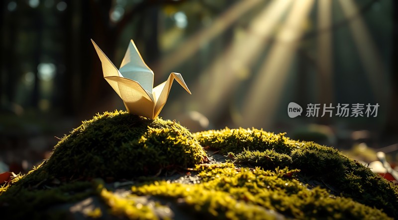 阳光下的纸鹤与苔藓