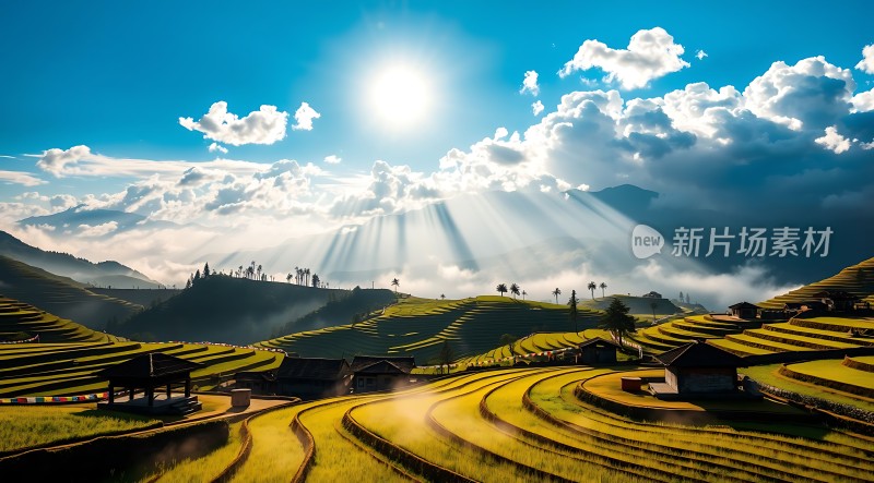 梯田晨曦阳光洒满大地