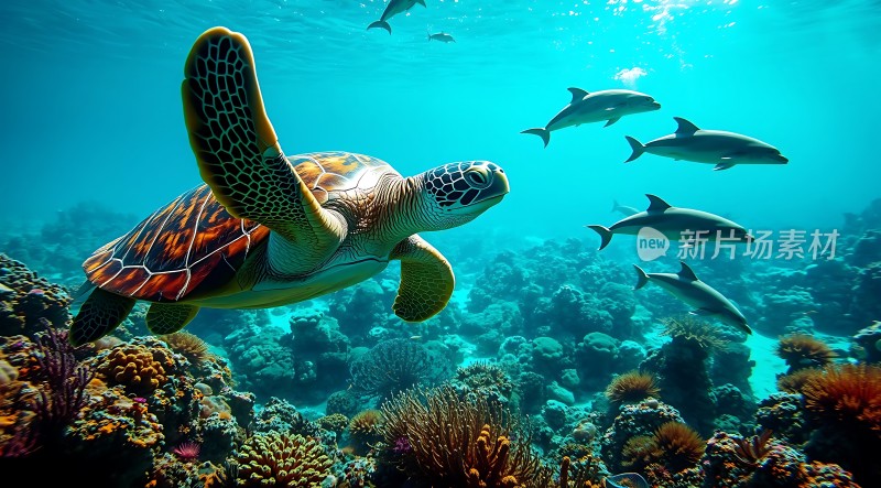 海龟与海豚共舞海底世界
