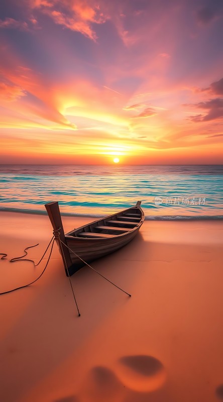 日落时分的沙滩小船