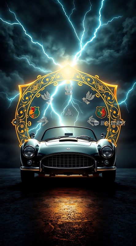 闪电环绕的经典跑车