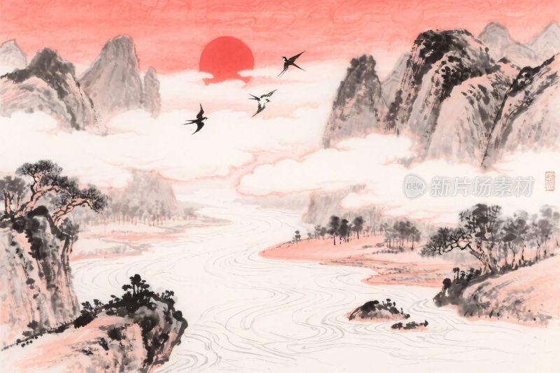 水墨山水飞鸟图