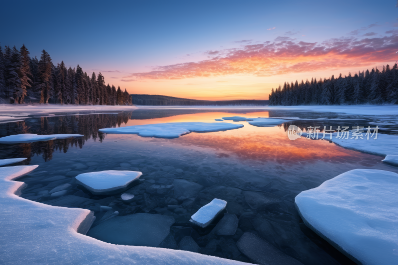 雪湖浮冰和树木高清图片