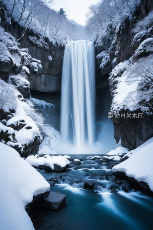 雪山中央的雪瀑布蓝天高清风景图片