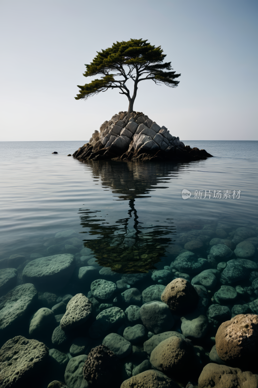 水中央的岩石上一棵孤树高清风景图片