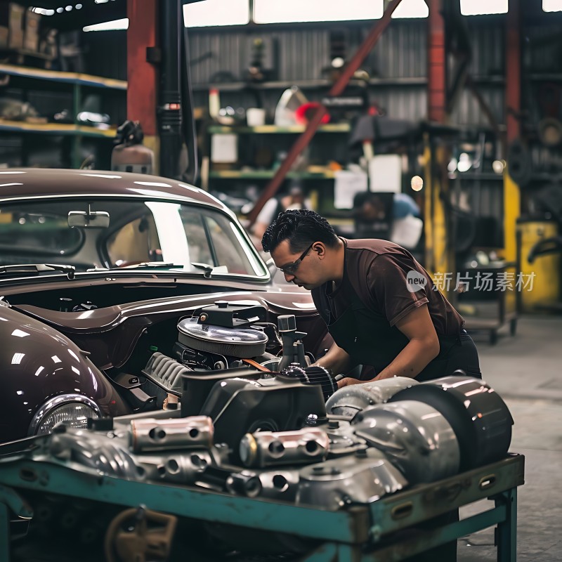 机械师专注检修复古汽车