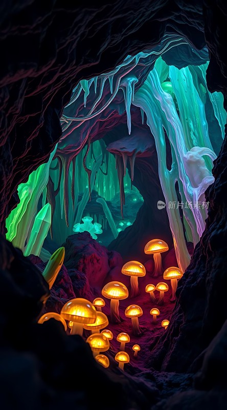 神秘洞穴中的荧光蘑菇