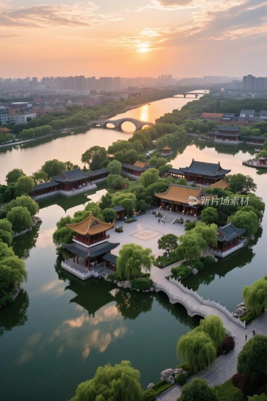 古建景区日落风光图