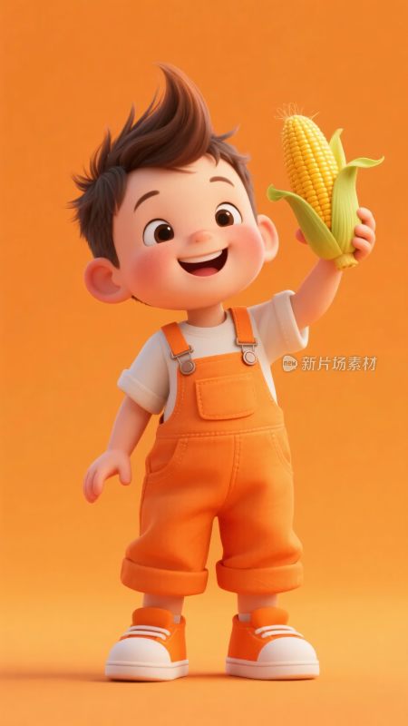 手持玉米的可爱卡通小男孩