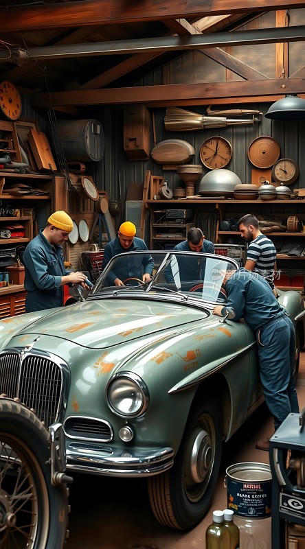 复古车库里的经典汽车修复现场