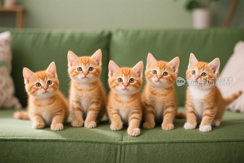五只小橘猫坐绿沙发