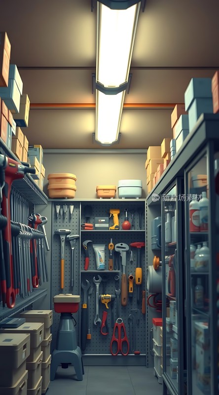 工具仓库整齐摆放的工具和设备
