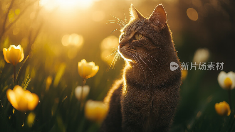 阳光照射在花朵花园的猫咪