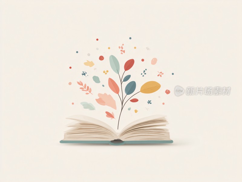 翻开的书与绽放的花叶插画
