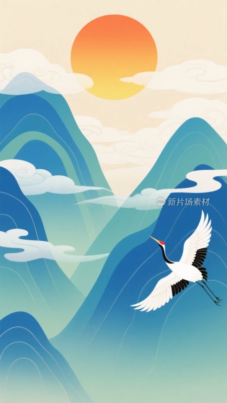 飞鹤与山水夕阳插画