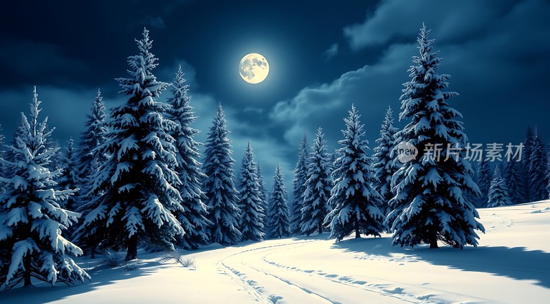雪夜月下松林静谧