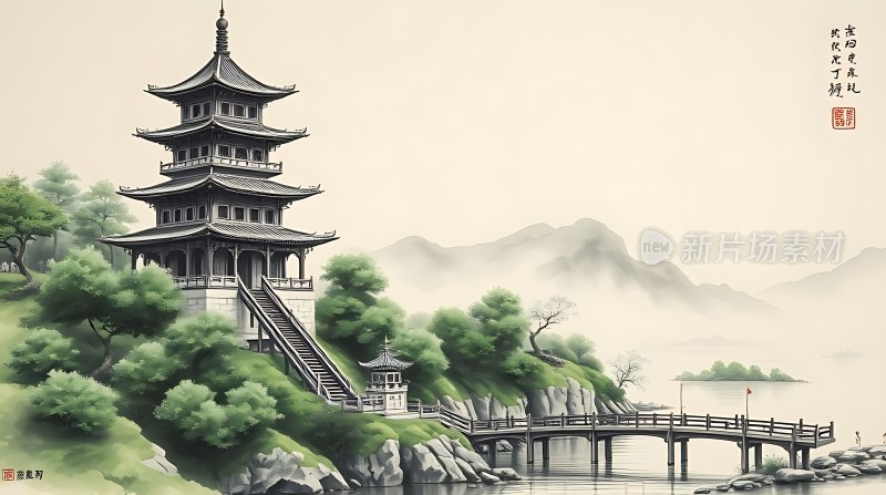 古塔绿树映水桥