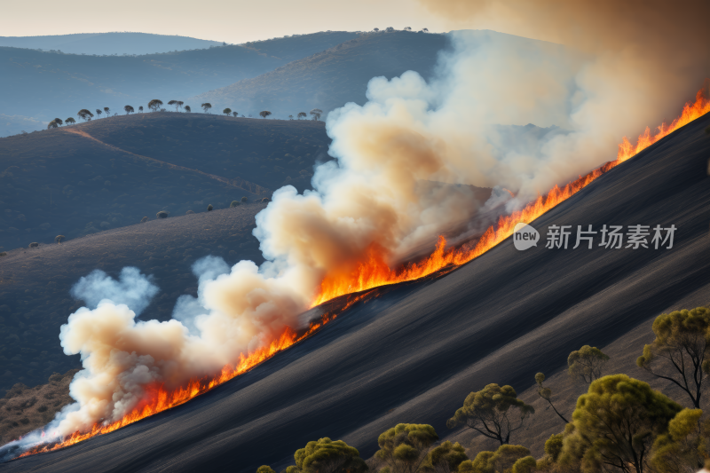 火焰从山坡上升起冒出大量烟雾风光风景图片