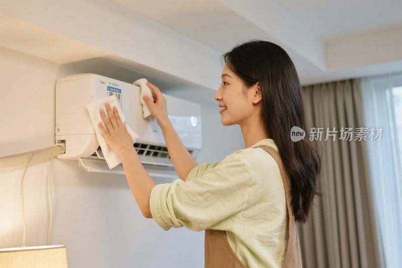 女子清洁家用空调画面