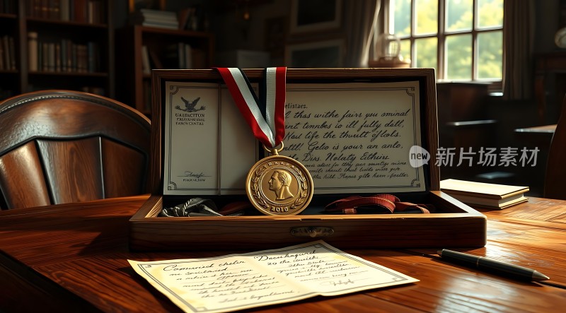 金色奖章与证书展示彰显荣誉与成就