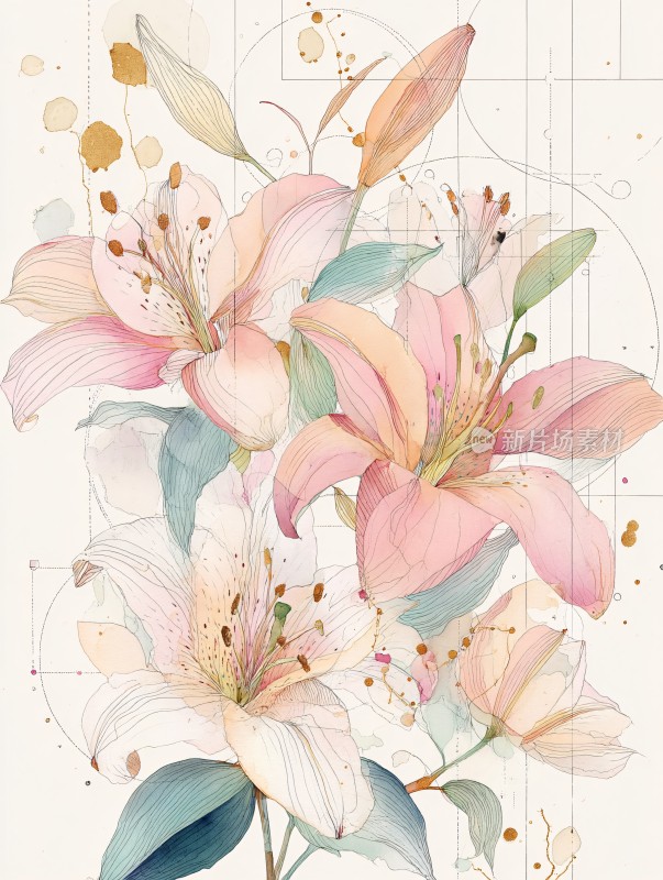 唯美粉色百合花插画