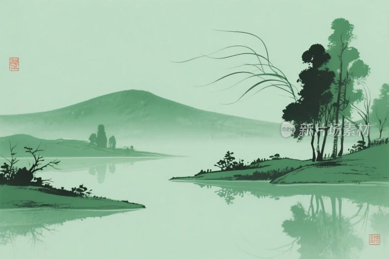 山水水墨风景插画