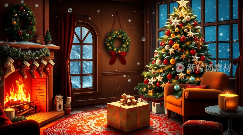 圣诞树下的温馨客厅