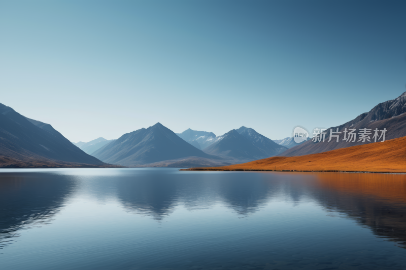 山倒映在晴朗的天空的湖泊中高清背景图片