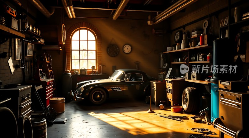 阳光下的车库里的经典汽车