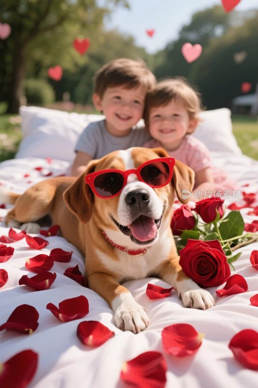 小孩小狗玫瑰花瓣画面