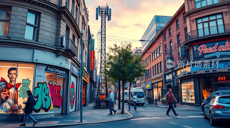 繁华都市街头行人车辆穿梭不息霓虹灯招牌闪烁展现城市活力与魅力