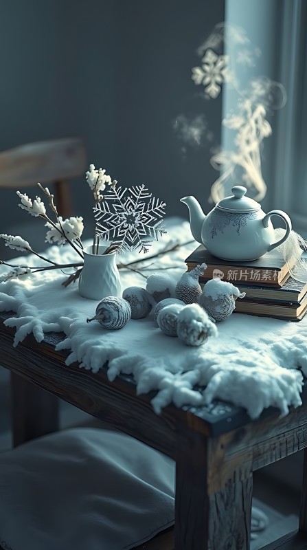 冬日暖茶书香伴雪落