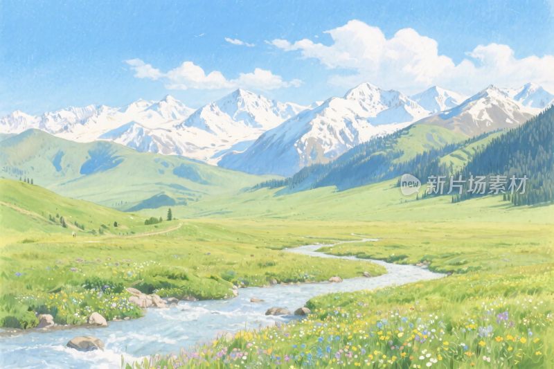 山水草原风景插画