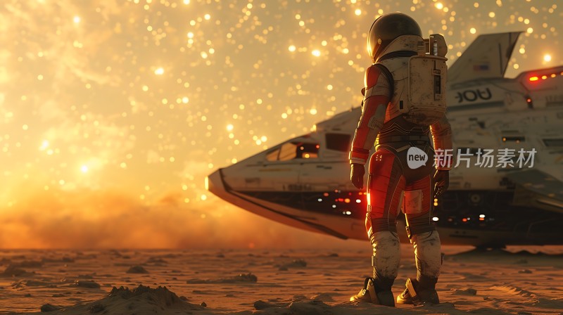 宇航员站在飞船旁凝视着星空