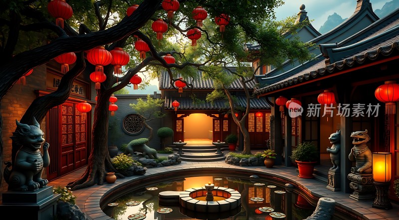 古风庭院灯笼高挂石狮子守护小桥流水人家