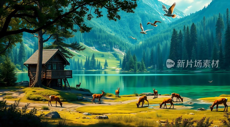 湖畔小木屋与鹿群的自然风光