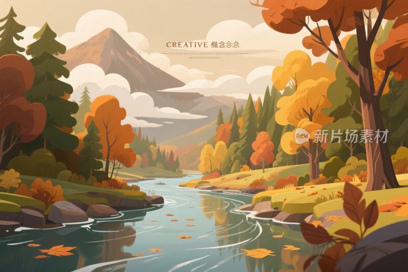 秋景山水风景插画