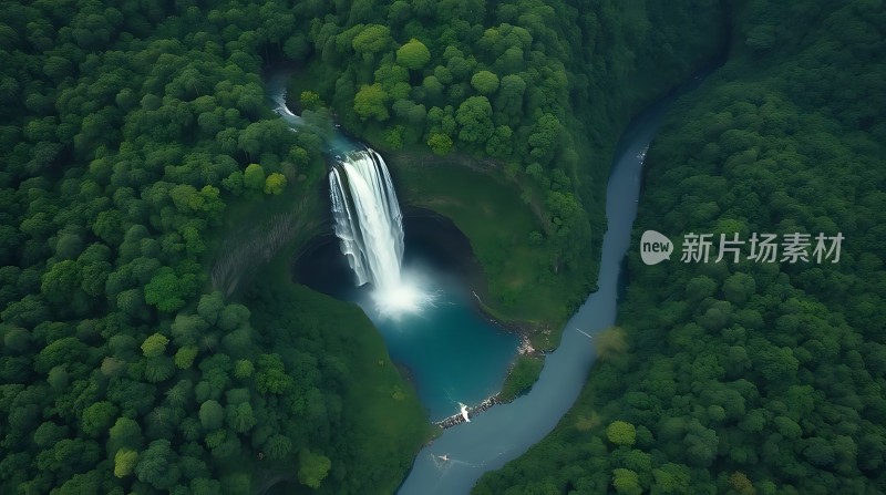 瀑布飞流直下碧波荡漾绿树成荫