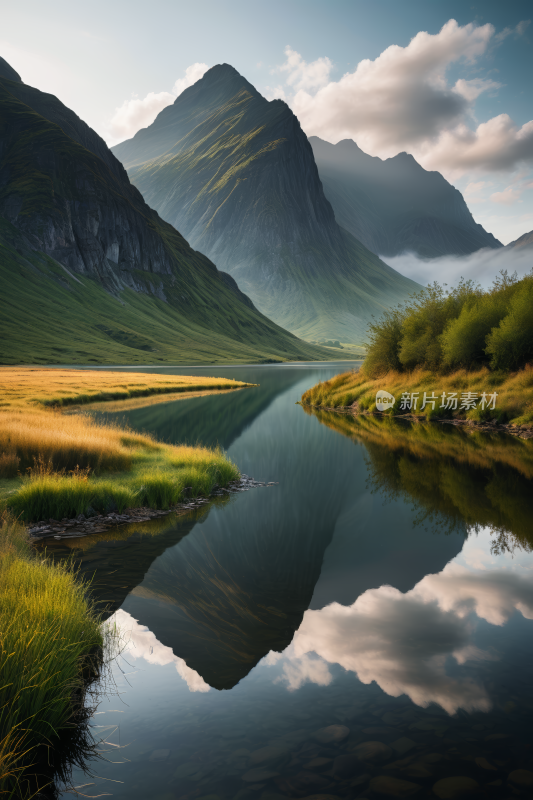 山峦倒映在山谷中一条仍在流动的河流中风景