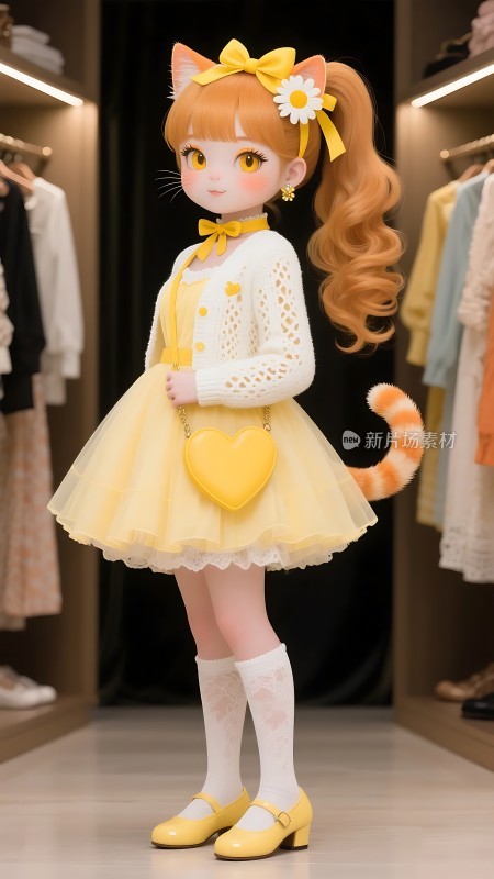 黄色猫咪女孩时尚穿搭展示