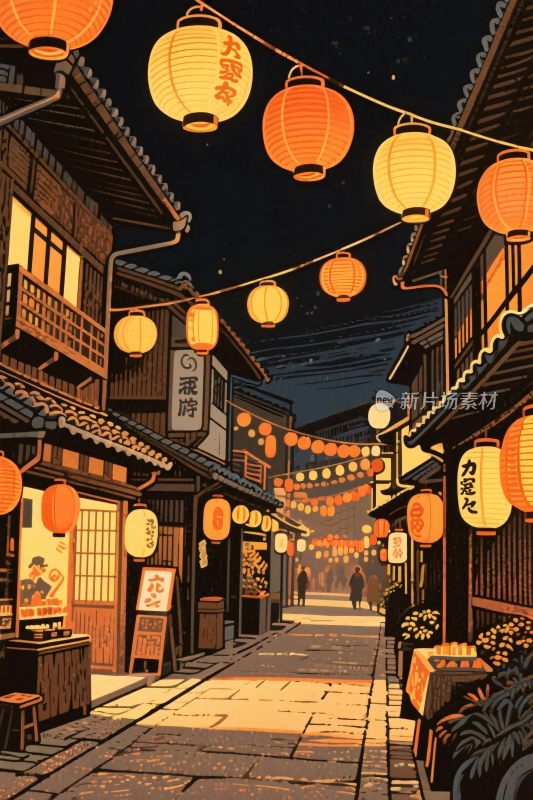 古街灯笼夜景插画
