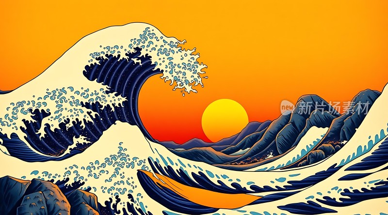 夕阳下的海浪与山峦