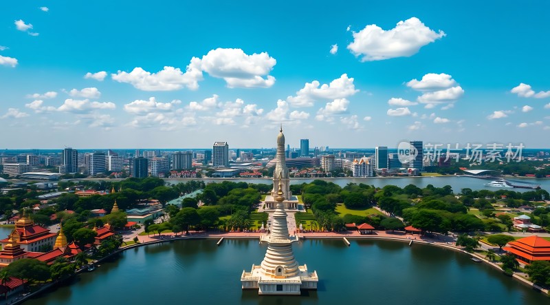 佛塔湖景城市风光