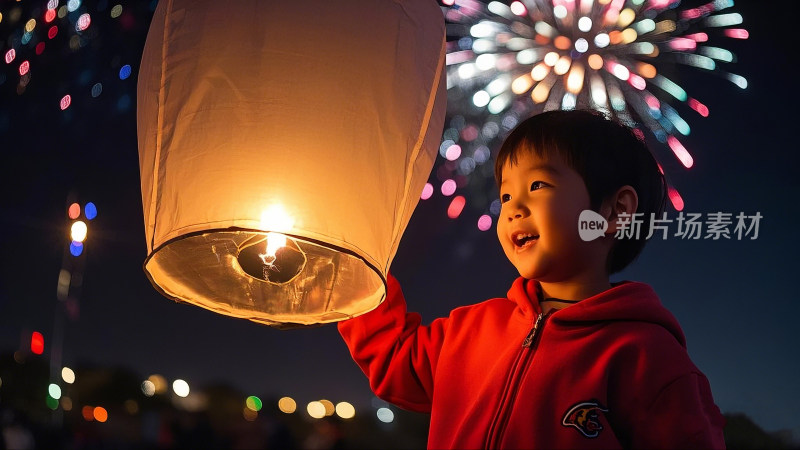 喜庆节日烟花夜晚男孩点天灯寄愿